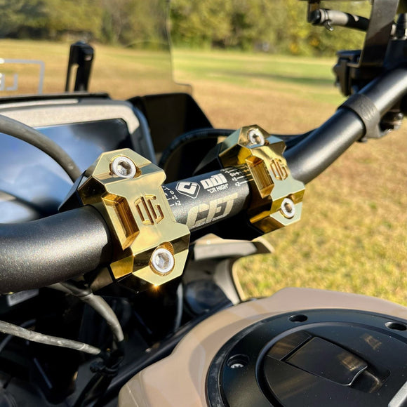 OG 7.5 Pan America gold pull-back handlebar risers on motorcycle