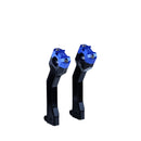 Pan America 7.5in pull-back motorcycle handlebar risers, black body with blue clamps