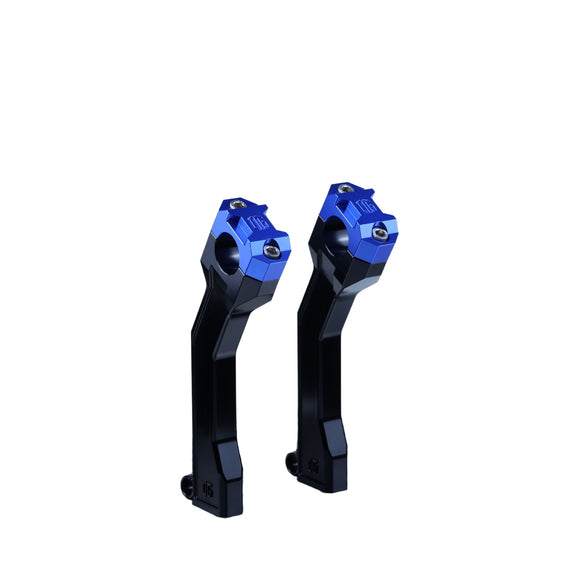 Pan America 7.5in pull-back motorcycle handlebar risers, black body with blue clamps