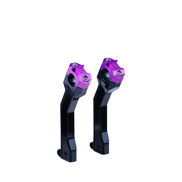 OG 7.5 in Pan America pull-back handlebar risers, black with purple clamp caps