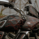 Pan‑America pull‑back handlebar risers installed on black Harley‑Davidson with red flame pinstripes
