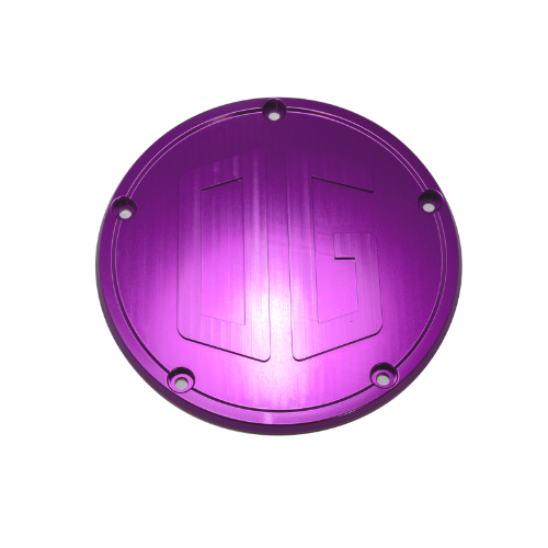 Purple anodized aluminum Big Twin derby cover with OG logo