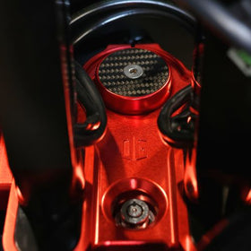 OG red billet motorcycle fork stem cap with carbon fiber insert