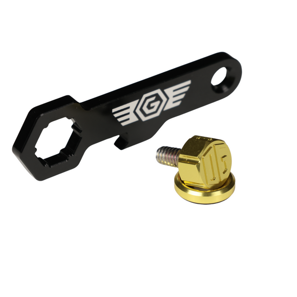 Gold billet motorcycle seat screw with black Speed Kings wrench