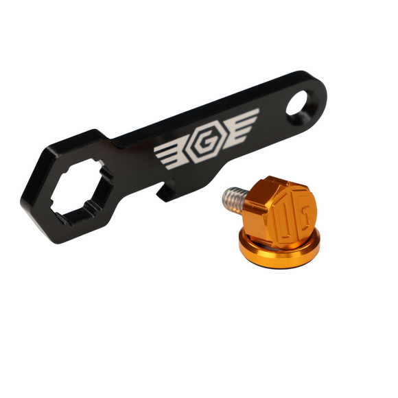 Orange anodized OG billet motorcycle seat screw with black OG wrench