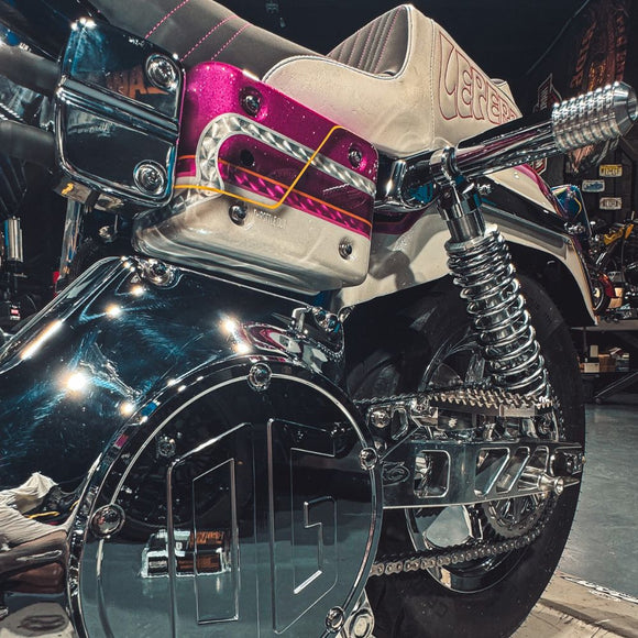 OG Chrome Dyna Rear Shock Sliders Mounted on Manic Cycles Disco 1999 Dyna