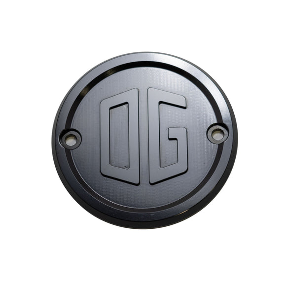 OG Moto billet timing/points cover with machined OG logo for Evo and Sportster engines