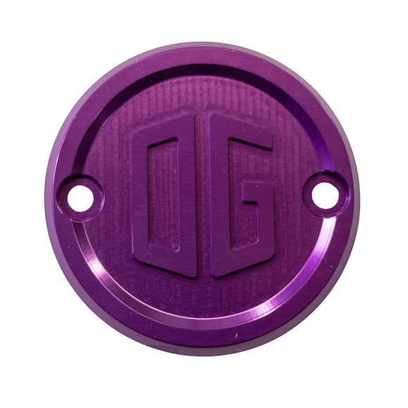 Purple anodized aluminum M8 ignition points cover with OG logo for motorcycles