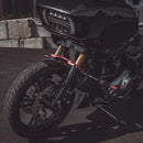 Black Road Glide motorcycle front with gold fork tubes