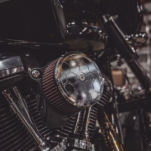 OG Round HoneyComp chrome air cleaner cover with red high-flow motorcycle filter
