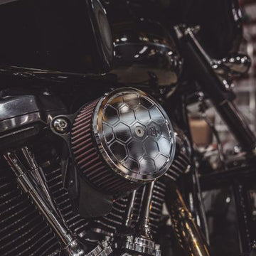 OG Round HoneyComp chrome air cleaner cover with red high-flow motorcycle filter