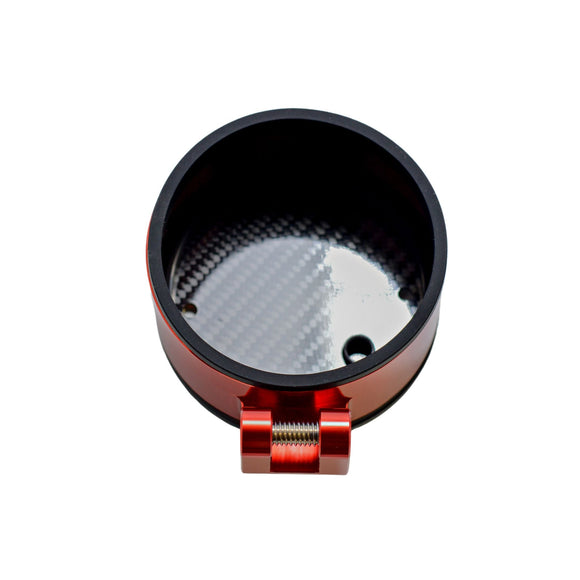 Red motorcycle single-gauge bezel with carbon-fiber face and clamp mount