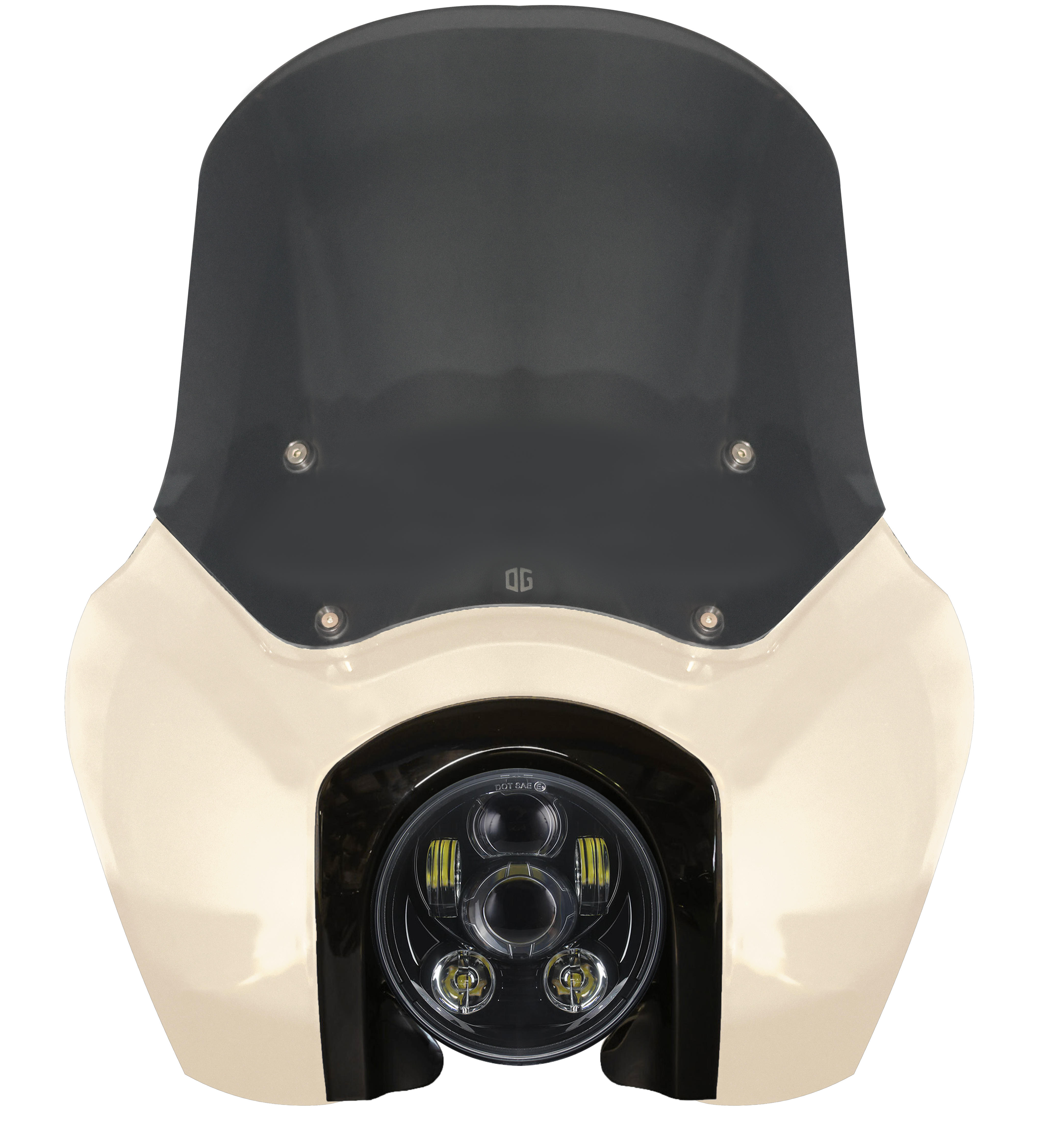 OG Softail Low Rider S T-Sport fairing kit - White Sand Pearl with black headlight bezel and smoked windshield