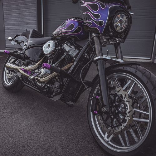 OG Speed 49mm motorcycle fork brace
Custom black cruiser motorcycle with purple flame paint and chrome front wheel