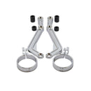 Pair of chrome Ohlins-compatible remote reservoir mounts and fork clamps for motorcycles