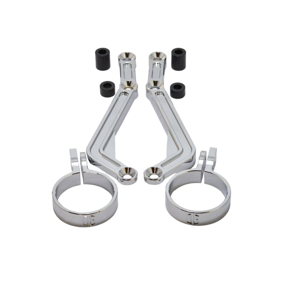 Pair of chrome Ohlins-compatible remote reservoir mounts and fork clamps for motorcycles