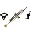 Ohlins touring steering damper kit, silver motorcycle steering stabilizer with black mounting brackets