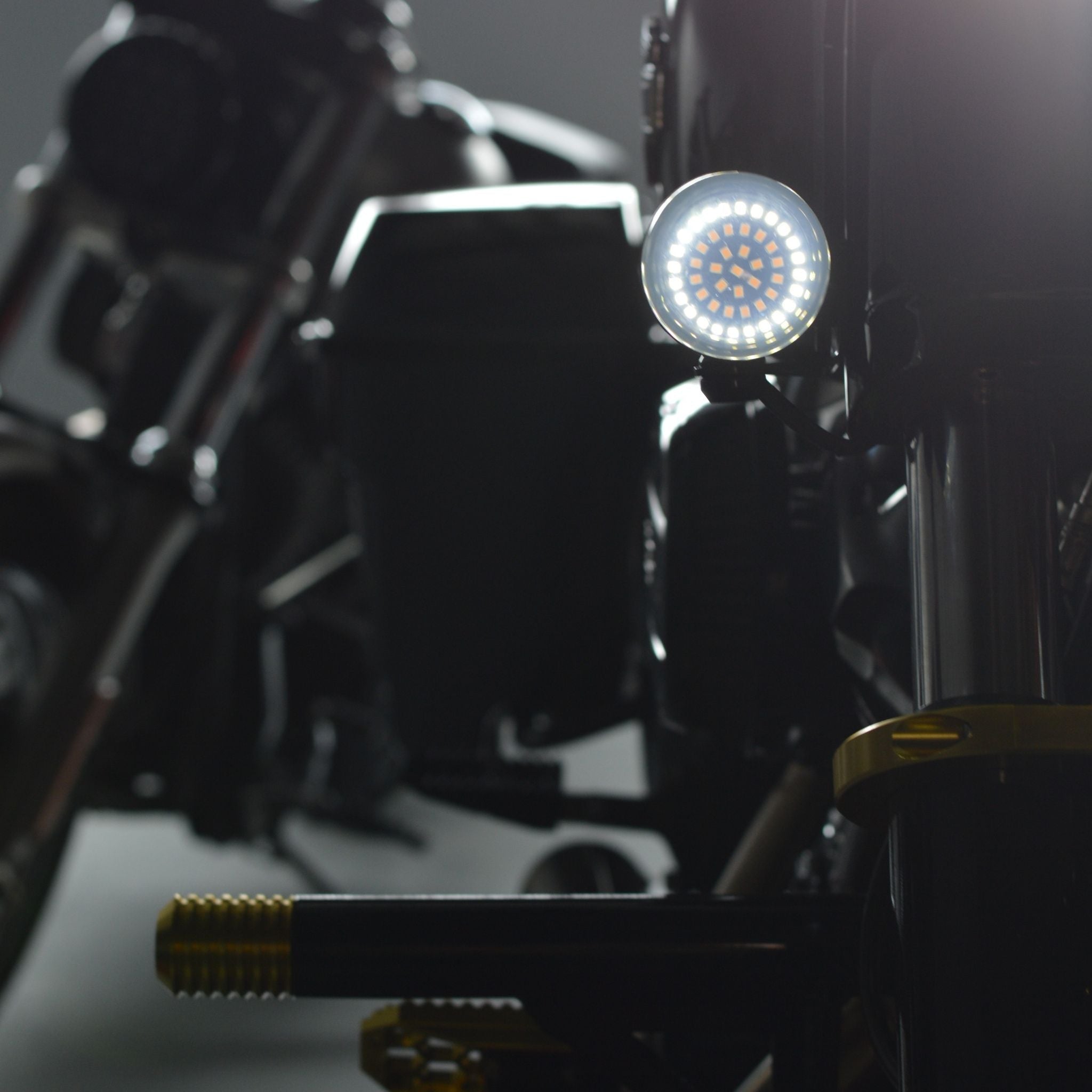 OG X‑Series round LED motorcycle turn signal, white ring DRL with amber center