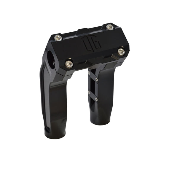 OG Moto 6.5" pull-back handlebar risers — black CNC-machined aluminum with internal wire routing