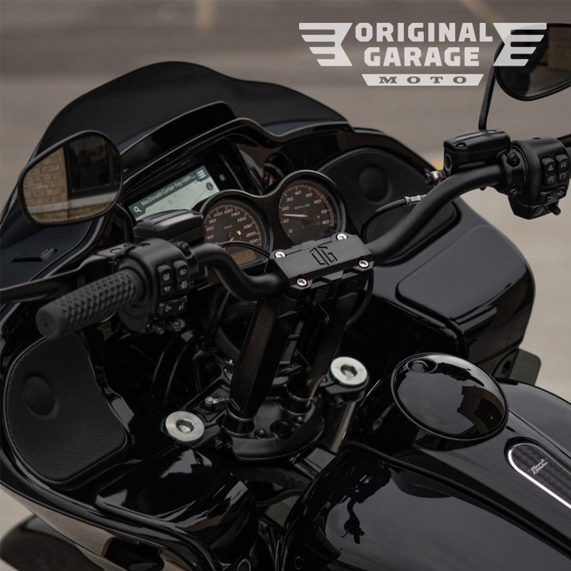 Original Garage Moto OG 8.5in straight handlebar risers installed on black touring motorcycle