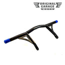 Original Garage Moto black highway peg crash bar with blue threaded ends for Harley Dyna/FXR