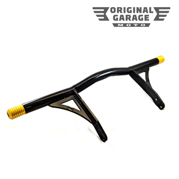 Original Garage Moto highway peg crash bar for Harley‑Davidson Dyna/FXR — black with gold end caps