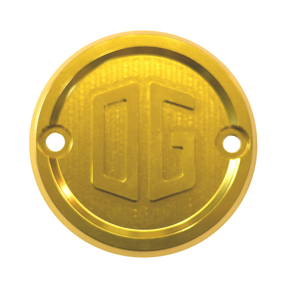 Gold OG M8 motorcycle points cover with embossed OG logo, round two-screw ignition plate