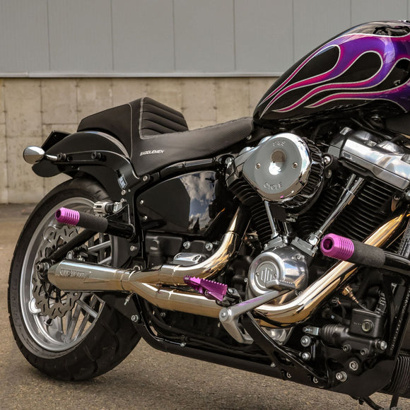 OGM8 Softail rear crash bar with purple footpegs