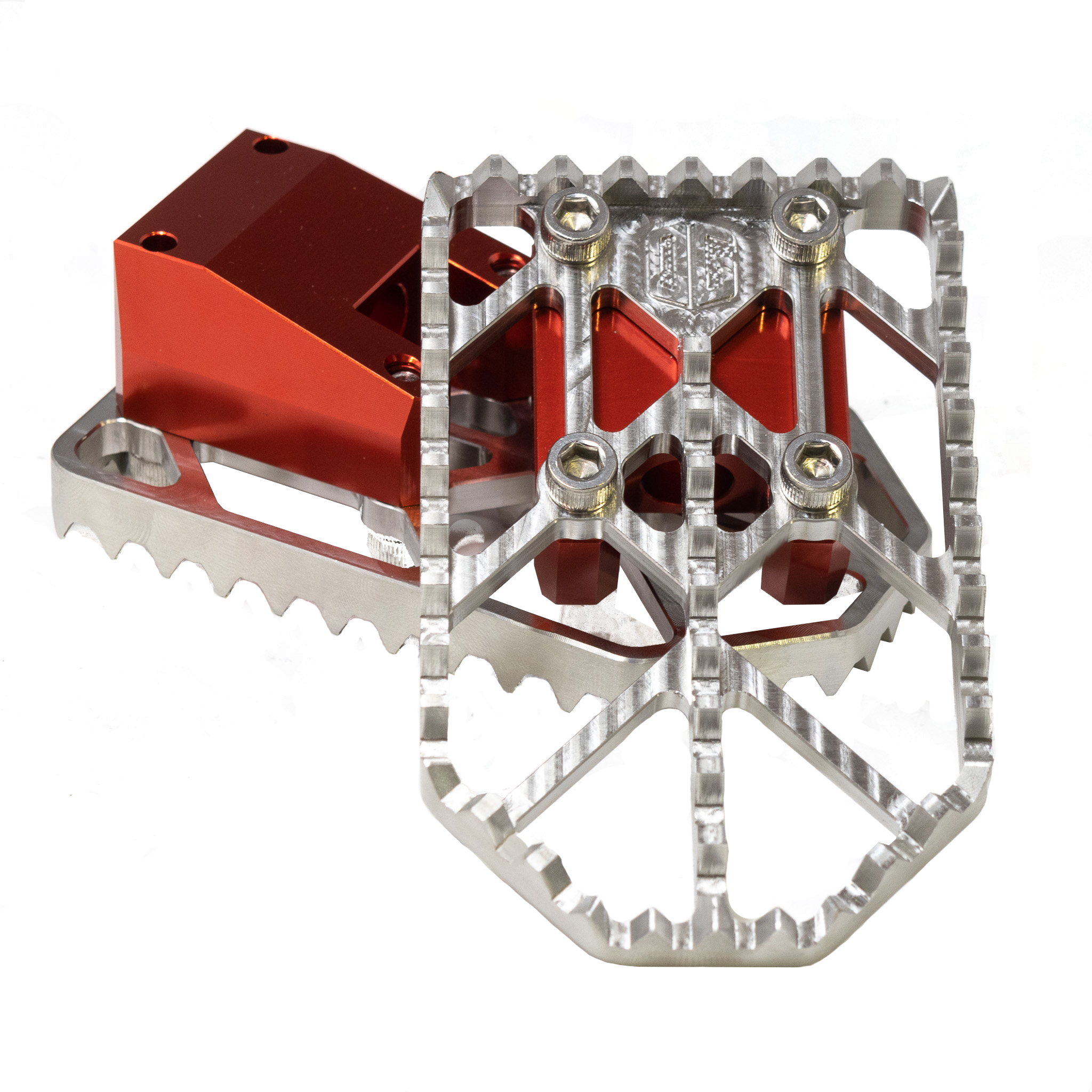 OGMoto X raw aluminum motorcycle foot pegs with red mount