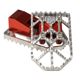 OGMoto X raw aluminum motorcycle foot pegs with red mount