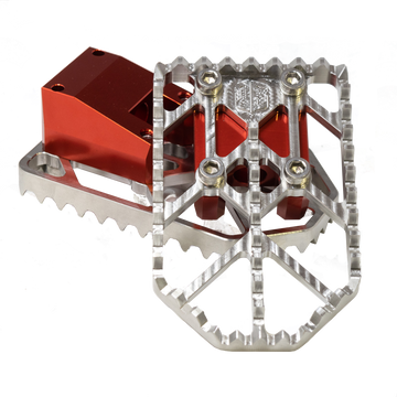 OGMoto X raw aluminum motorcycle foot pegs with red mount