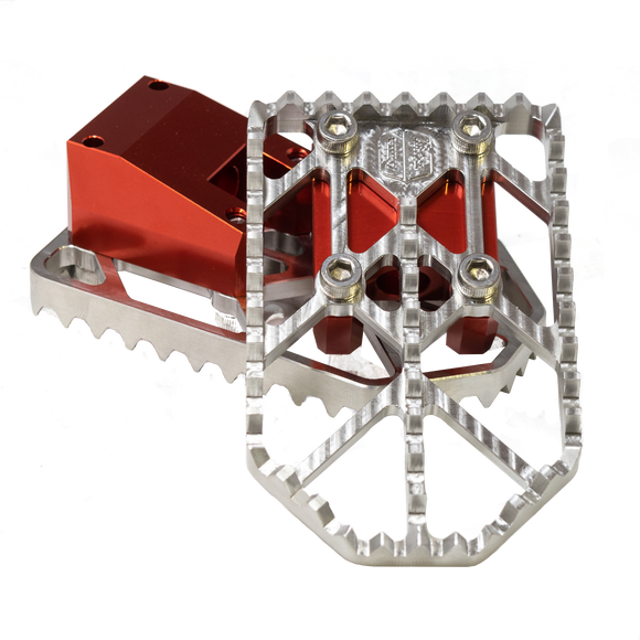 OGMoto X raw aluminum motorcycle foot pegs with red mount