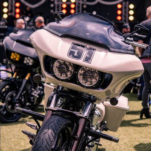 Custom bagger motorcycle front fairing with dual LED headlights and "51" decal