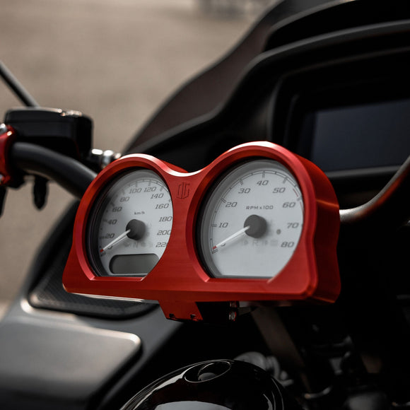Red billet dual-gauge bezel for Road Glide motorcycle dash