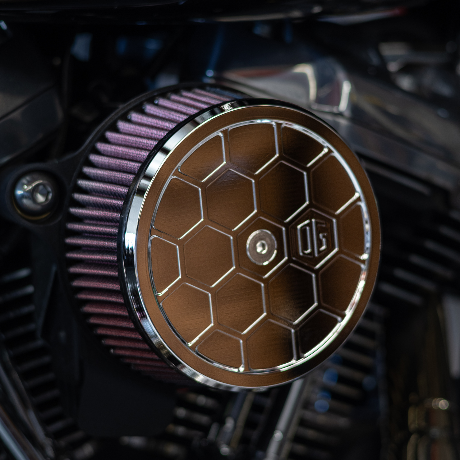 OG round honeycomb air cleaner cover, bronze face with chrome rim for motorcycle