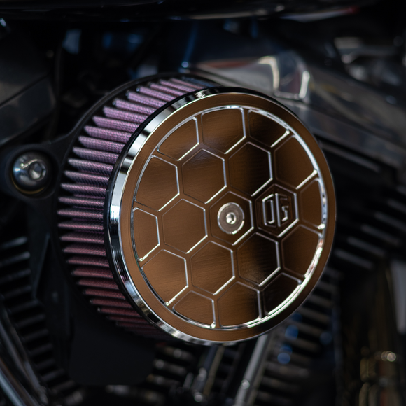 OG round honeycomb air cleaner cover, bronze face with chrome rim for motorcycle