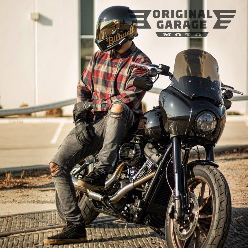 Original Garage Moto Softail Low Rider S T-Sport fairing kit with smoked windshield on black Harley Softail