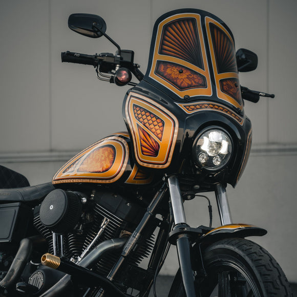 OGT sport fairing kit for Harley‑Davidson Dyna/Sportster/FXR — black with orange graphics