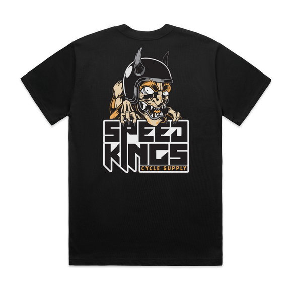 Black t-shirt with a graphic design of a oni wearing a helmet and the text 'Speed Kings Cycle Supply' on a white background.