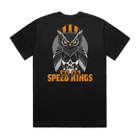 Black t-shirt with an owl design and 'Speed Kings' text on a white background