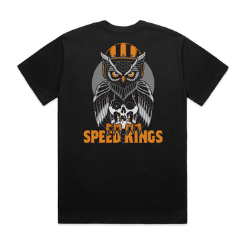 Black t-shirt with an owl design and 'Speed Kings' text on a white background