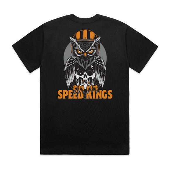 Black t-shirt with an owl design and 'Speed Kings' text on a white background