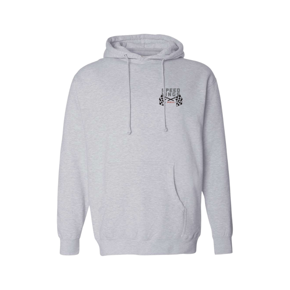 Gray hoodie with finish line speed kings logo on the chest against a white background