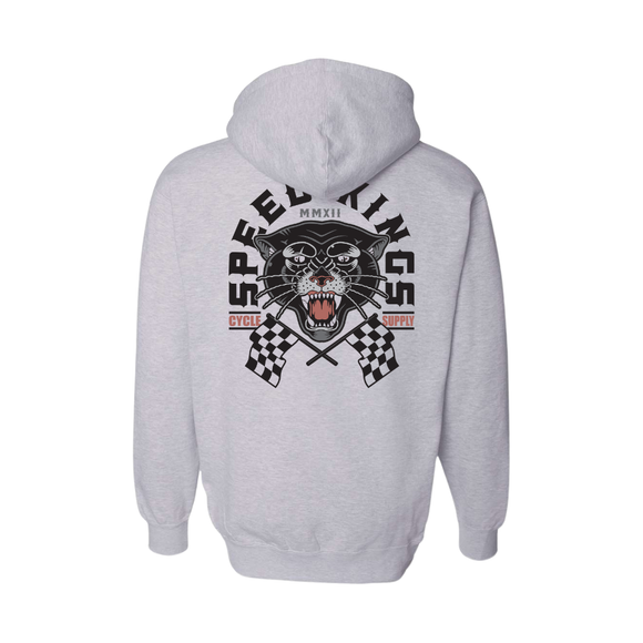 Gray hoodie with a panther graphic and text on the back against a white background