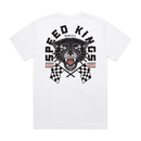 White t-shirt with a tattoo art panther graphic with crossed checkered flags and 'Speed Kings' text on a white background. Hot rod motorcycle shop tee
