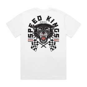 White t-shirt with a tattoo art panther graphic with crossed checkered flags and 'Speed Kings' text on a white background. Hot rod motorcycle shop tee