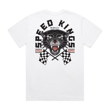 White t-shirt with a tattoo art panther graphic with crossed checkered flags and 'Speed Kings' text on a white background. Hot rod motorcycle shop tee
