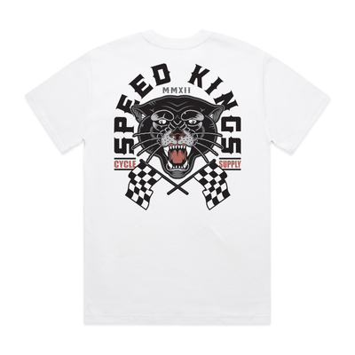 White t-shirt with a tattoo art panther graphic with crossed checkered flags and 'Speed Kings' text on a white background. Hot rod motorcycle shop tee
