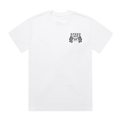 White t-shirt with a black and red logo on a white background