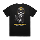 Black t-shirt with a skull wearing a helmet and jacket design, and 'Speed Kings Cycle Supply' text. The Parts Peddler Tee